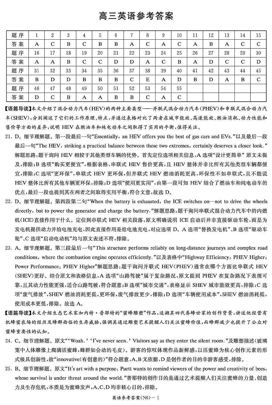 长郡中学2026届高三月考试卷（六）英语答案第1页
