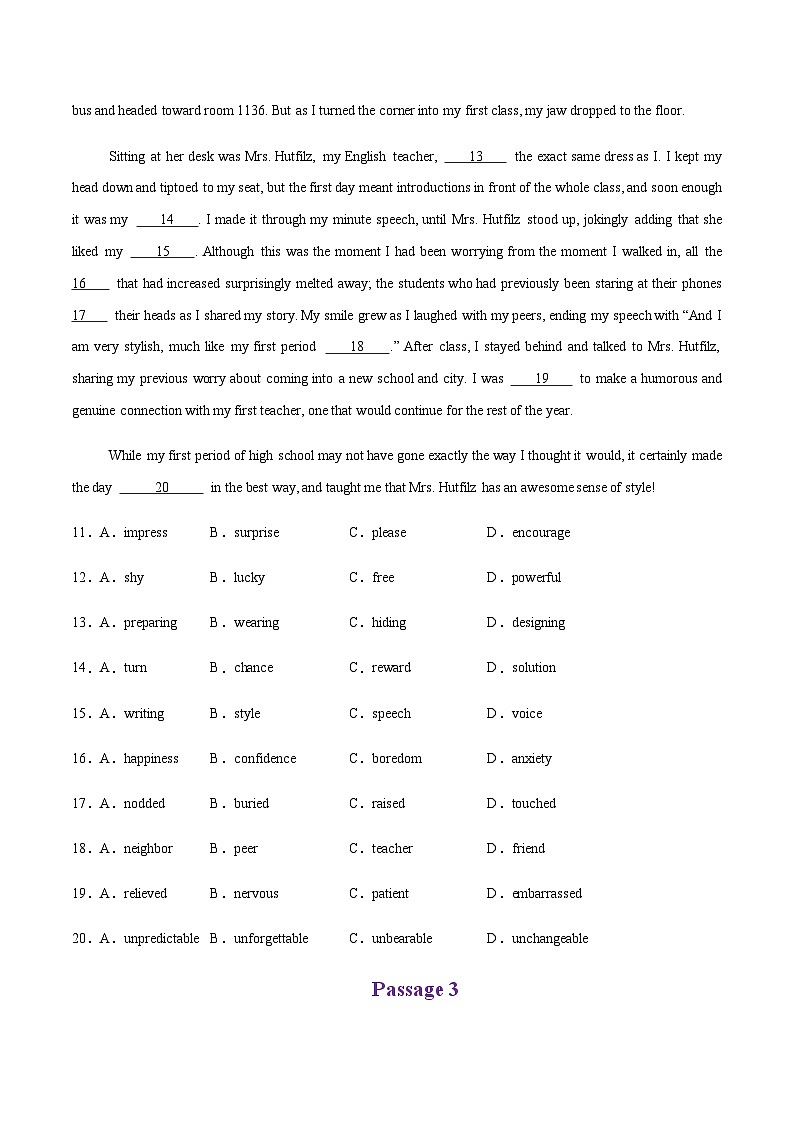 高考英语二轮-完形填空（练习）（学生版）第3页