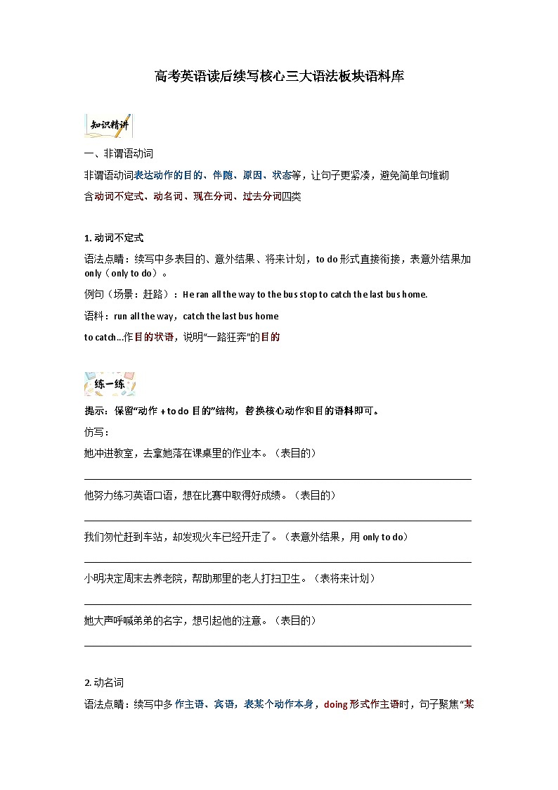 2026届高考英语-读后续写-核心三大语法板块语料库-导学案第1页