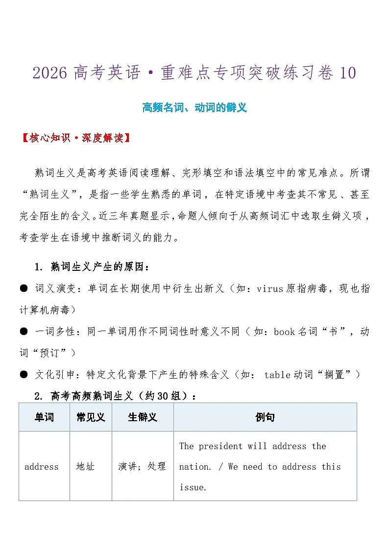 2026高考英语-重难点专项突破练习卷 高频名词、动词的僻义 导学案（含答案）第1页