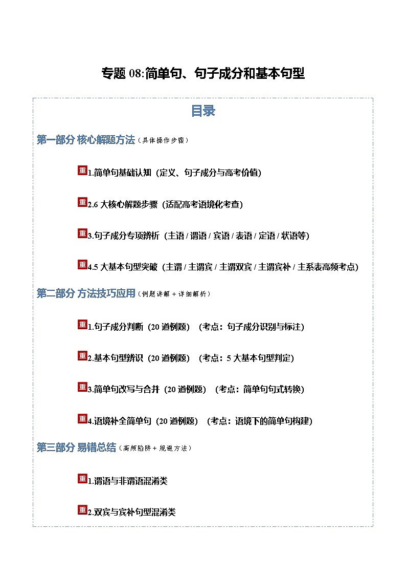 高考英语二轮讲义-简单句、句子成分和基本句型 (方法技巧篇)（全国通用）（教师版)第1页