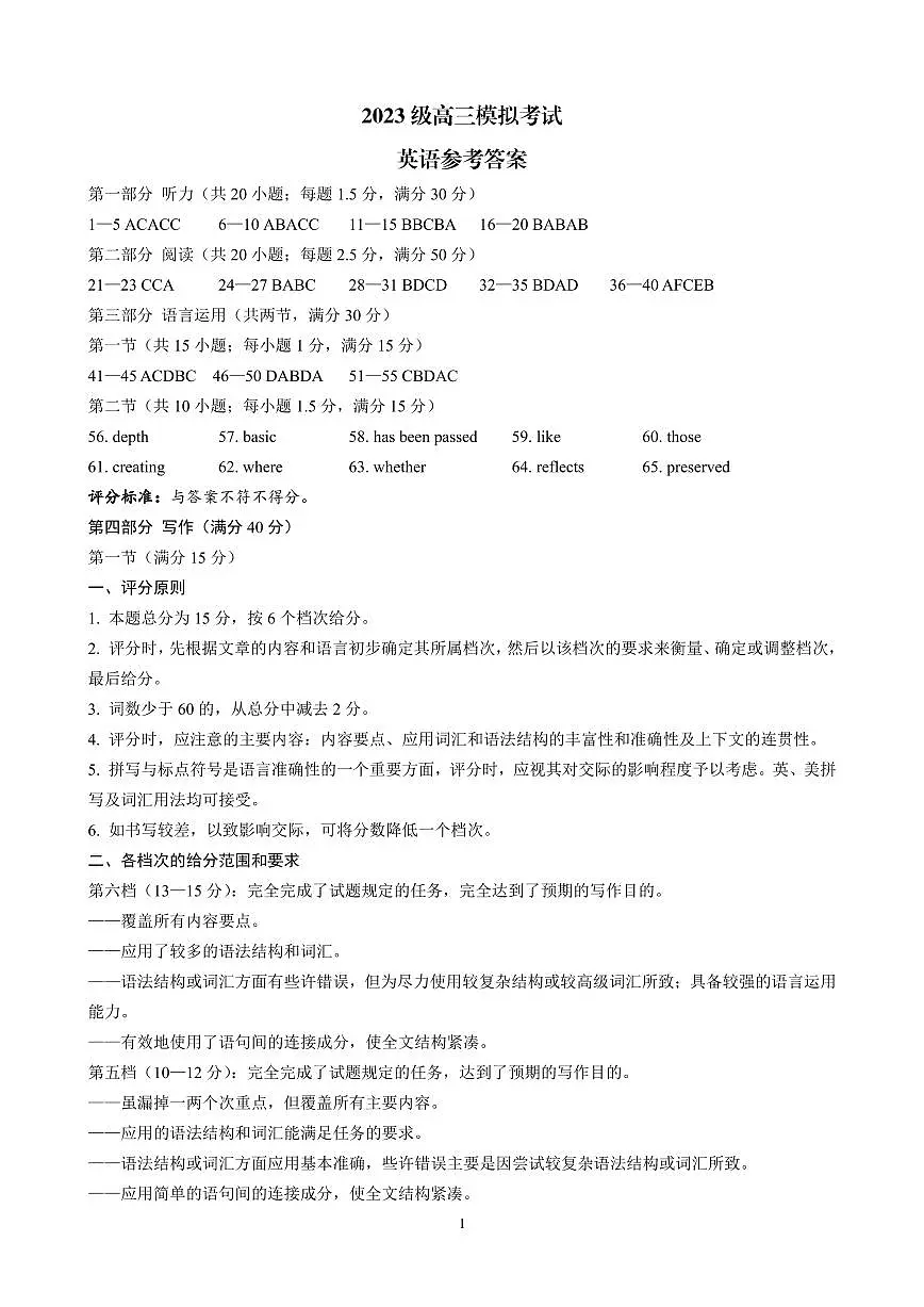 山东省日照市2023级高三模拟考试 英语答案第1页