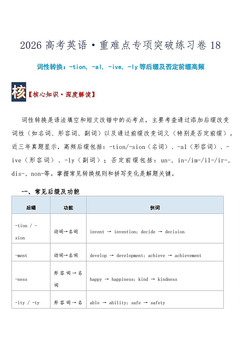 高考英语 重难点专项突破练习卷18 词性转换：-tion, -al, -ive, -ly等后缀及否定前缀高频  导学案含答案第1页