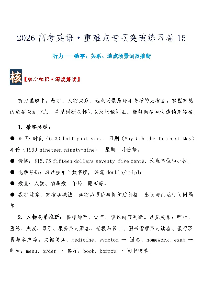 高考英语 重难点专项突破练习卷15 听力——数字、关系、地点场景词及推断 导学案含答案第1页