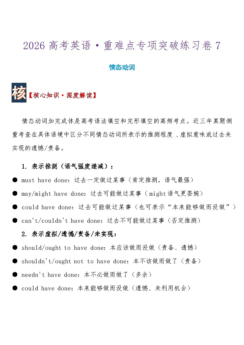 高考英语 重难点专项突破练习卷7 情态动词    导学案含答案第1页