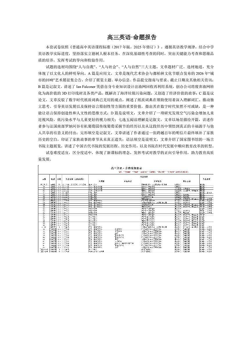 英语-高三素质评价 命题报告第1页