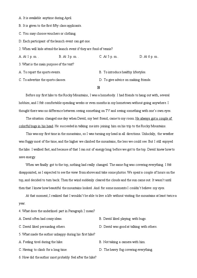 广东省惠州市实验中学高一上学期期中考试英语试题（原卷版）-A4第2页