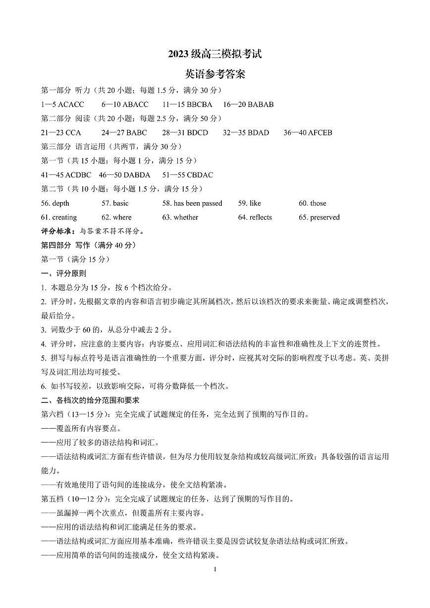 山东省日照市2023级高三模拟考试 英语答案第1页