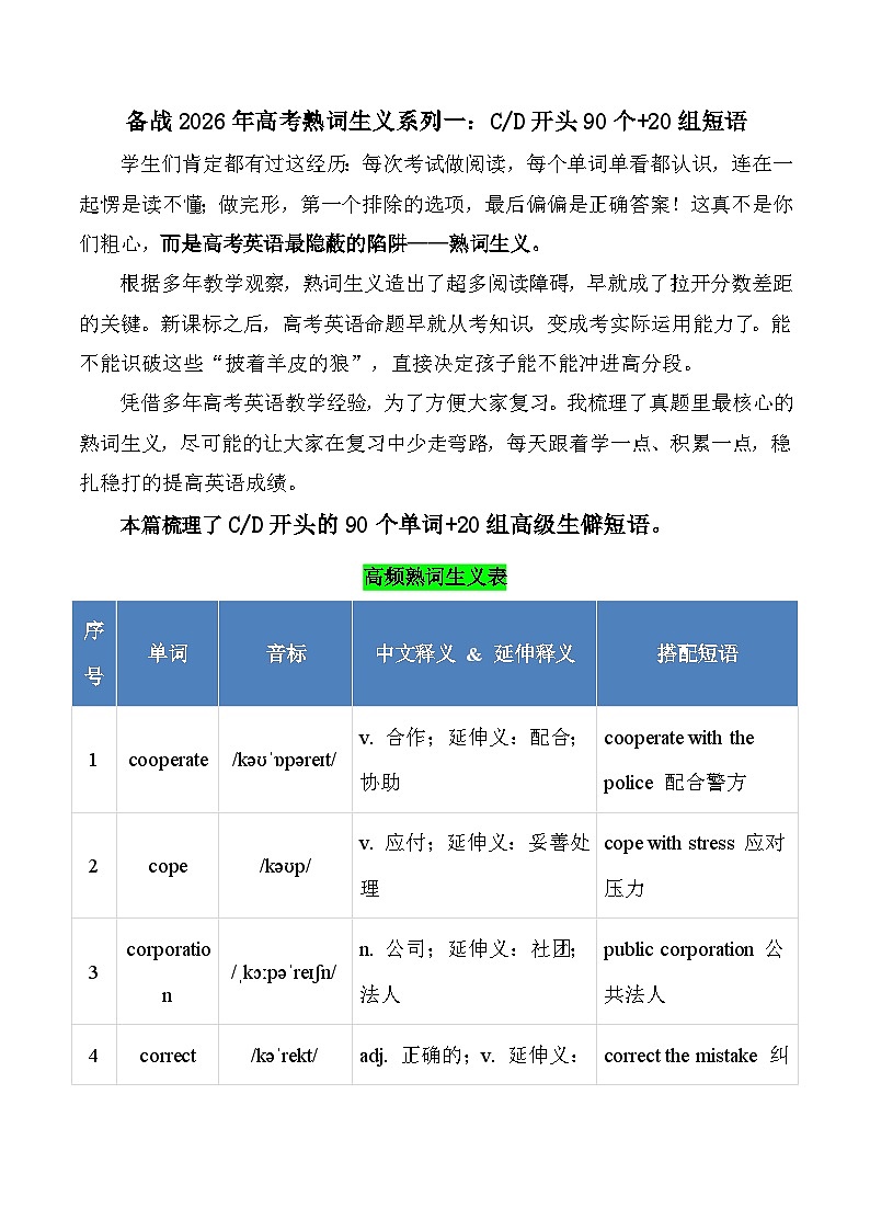 CD开头90个 20组短语 清单-2026年高考英语熟词生义讲练（全国通用）第1页