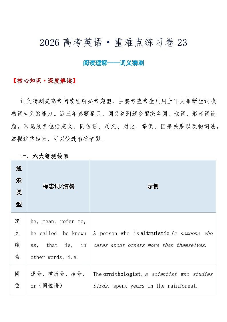 2026届高考英语-重难点练习卷23阅读理解——词义猜测导学案（含答案）第1页