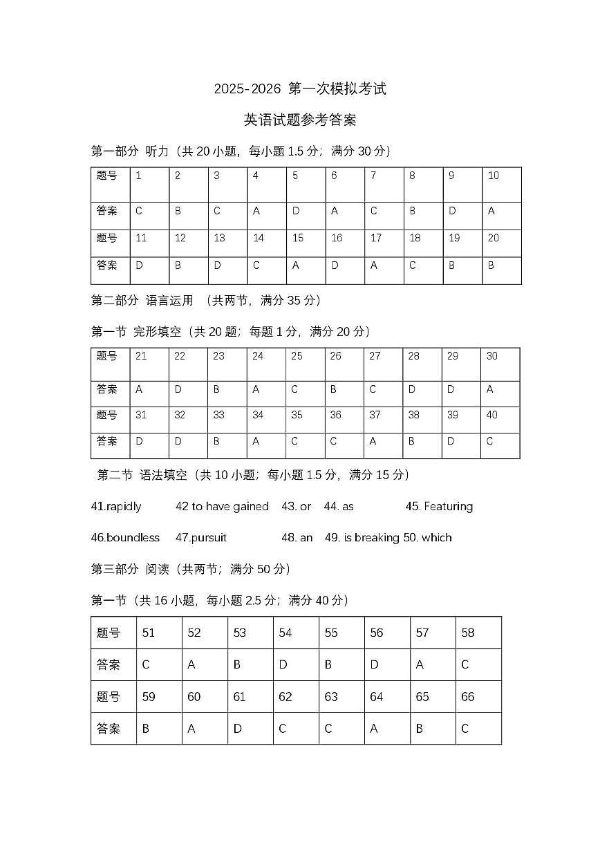 2025-2026 第一次模拟考试 英语答案第1页