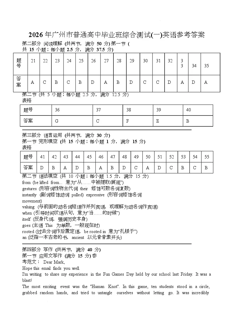 2026年广州市普通高中毕业班综合测试英语卷(一)参考答案第1页