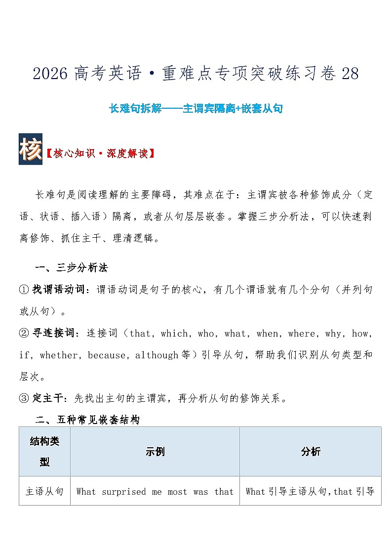 高考英语 重难点专项突破练习卷28 长难句拆解——主谓宾隔离+嵌套从句  导学案  含答案第1页