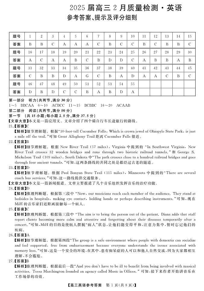 25届高三2月14-15日联考-英语答案第1页