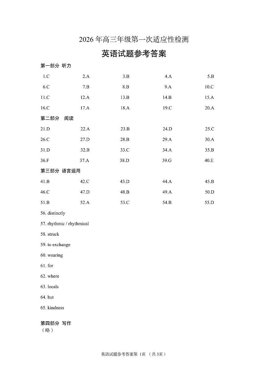 青岛市2026年高三年级第一次适应性检测 英语答案第1页
