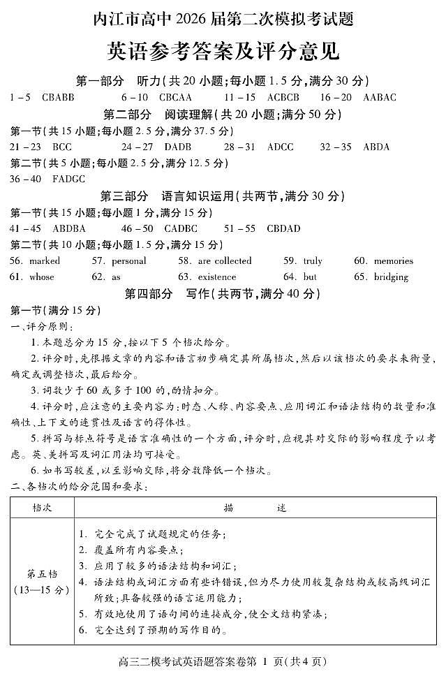 内江市高中2026届第二次模拟考试题 英语答案第1页