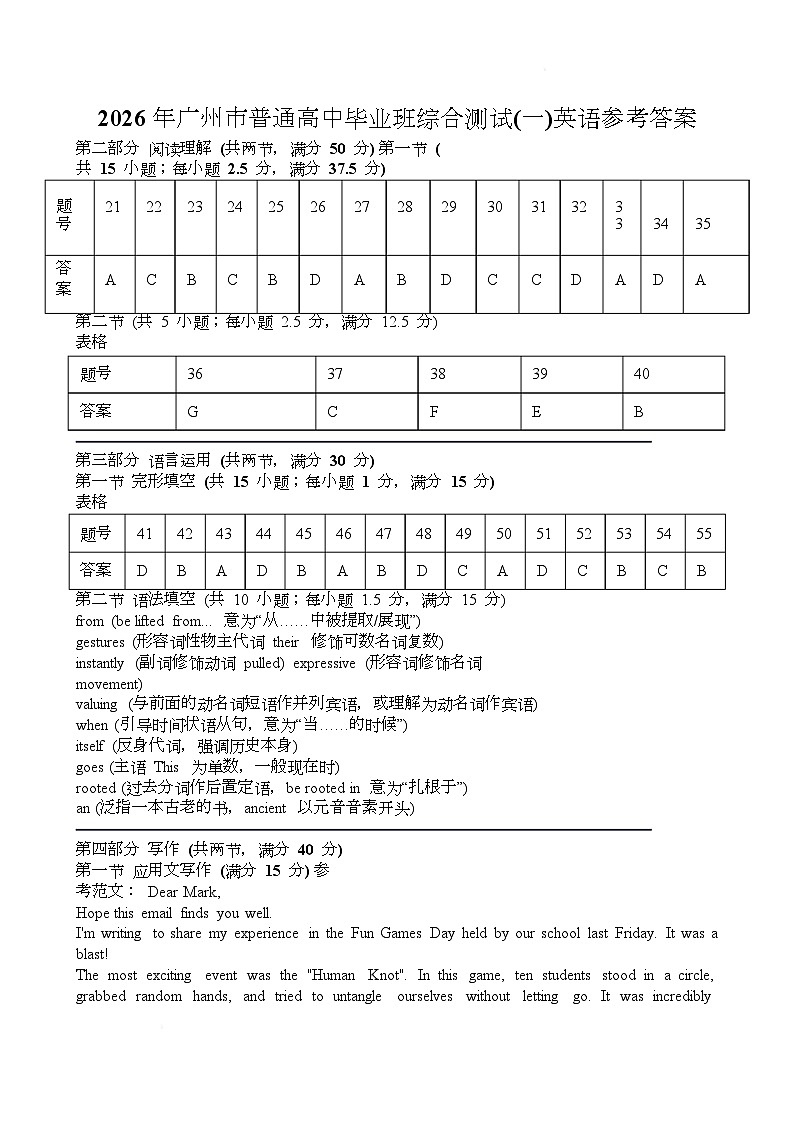 2026年广州市普通高中毕业班综合测试英语卷(一)参考答案第1页