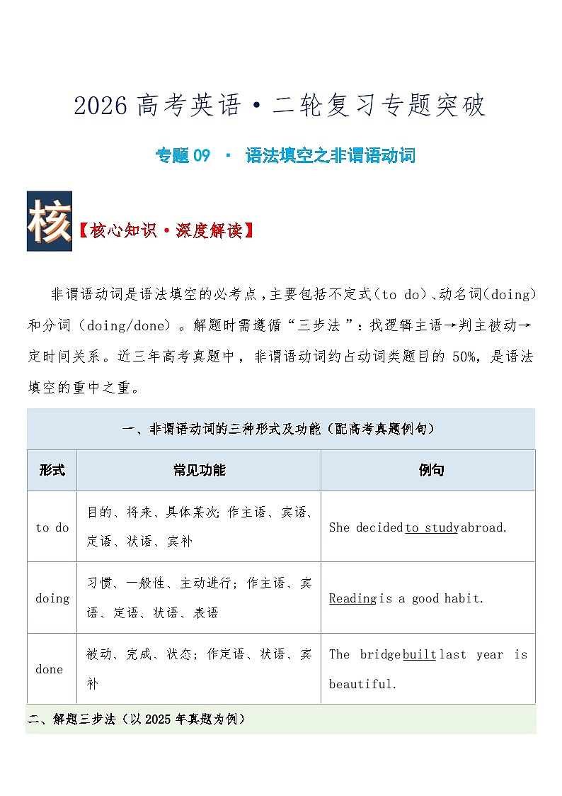 届高考英语·二轮复习练习专题突破 专题09 · 语法填空之非谓语动词含答案第1页