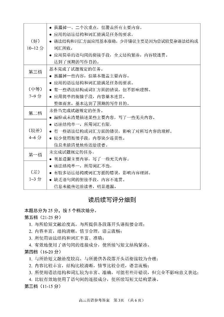 英语试题参考答案及评分标准第3页