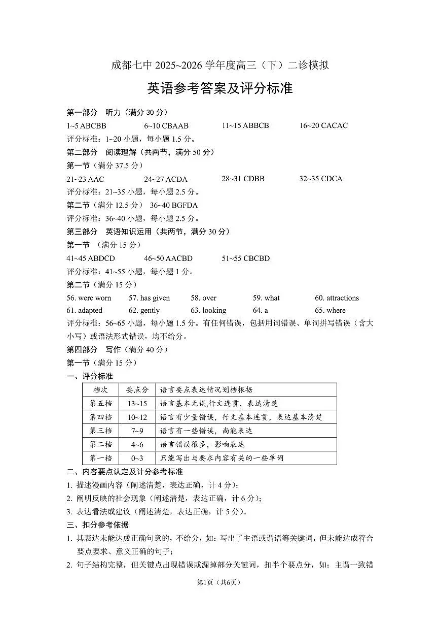 成都市第七中学2025~2026学年度下期高2026届二诊模拟考试 英语答案第1页