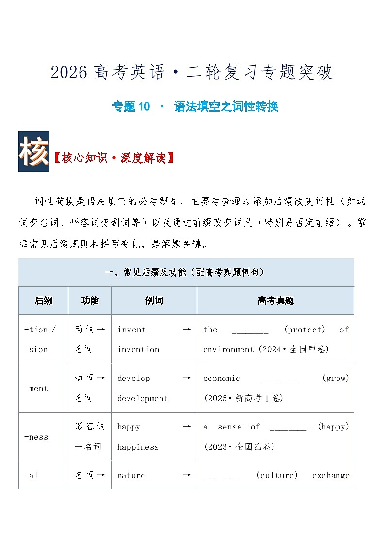 高考英语·二轮复习练习专题突破 专题10 · 语法填空之词性转换韩答案第1页