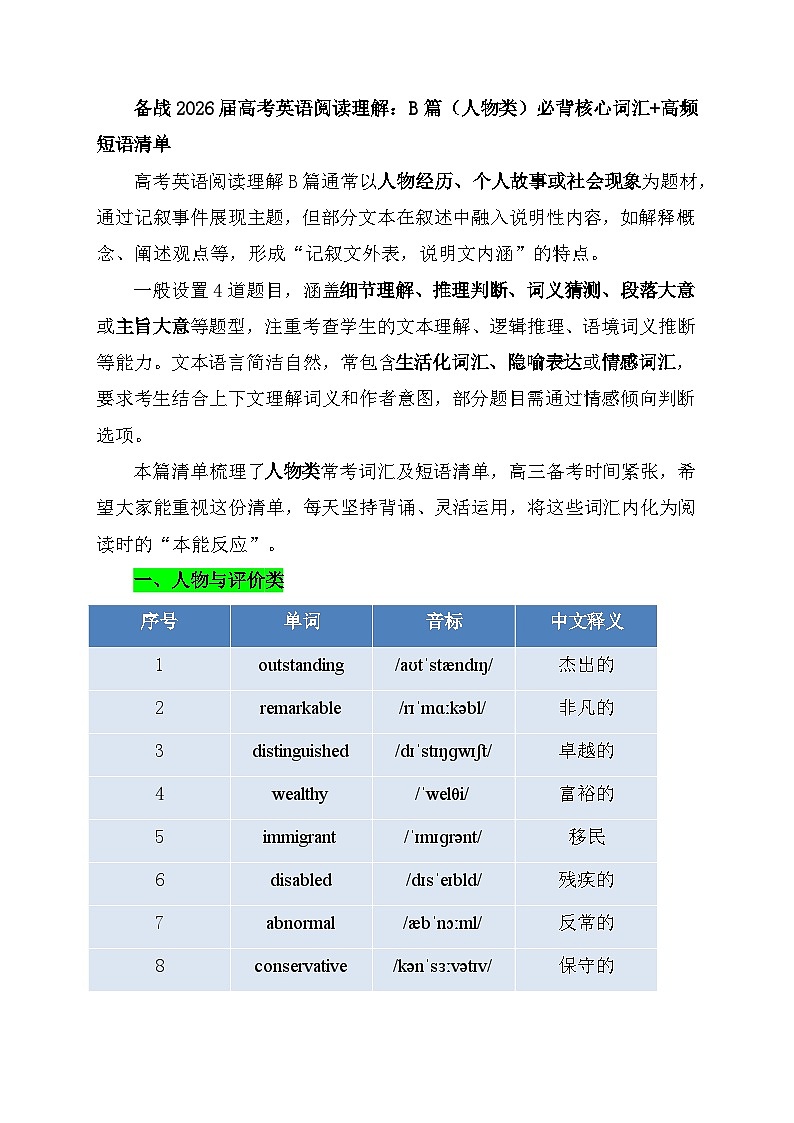 备战2026届高考英语阅读理解：B篇（人物类）必背核心词汇+高频短语学案第1页