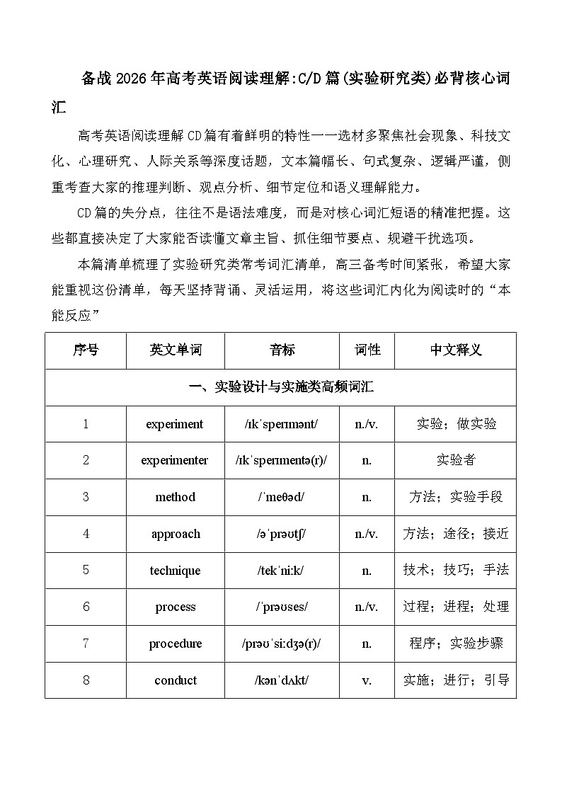 备战2026年高考英语阅读理解CD篇(实验研究类)必背核心词汇学案第1页