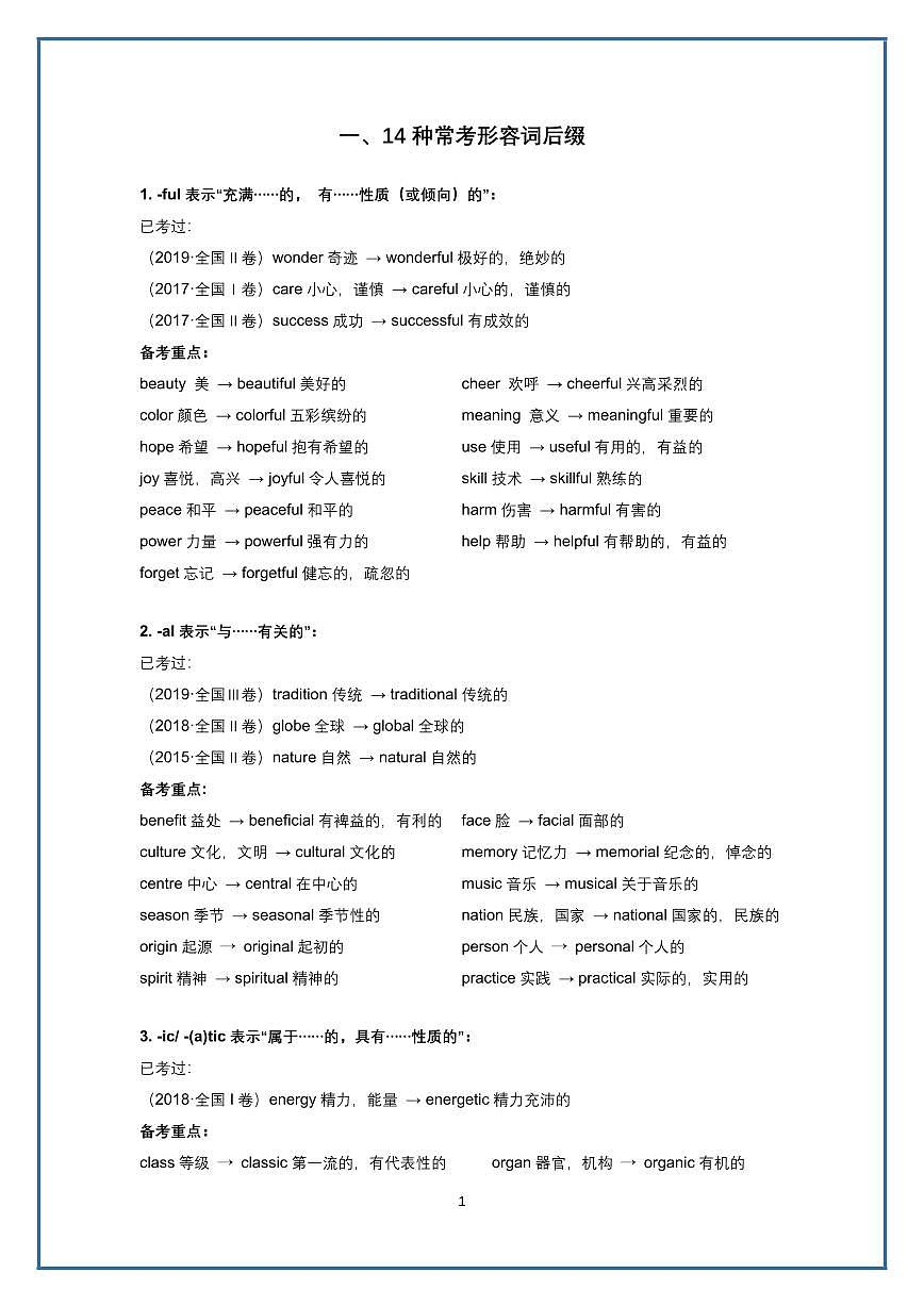 高中英语高考英语第二轮复习重点必考词汇后缀盘点重点考词知识点第1页