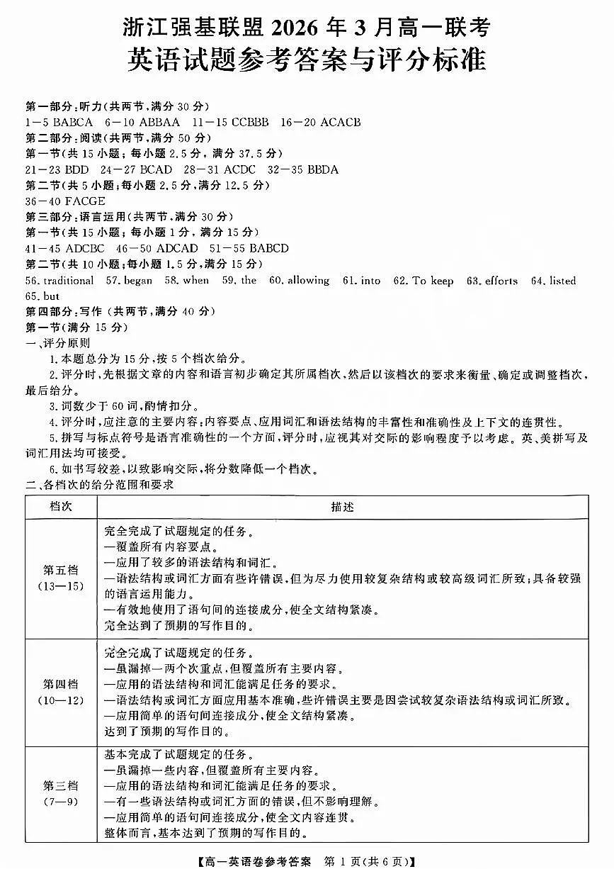 强基联盟高一英语答案第1页