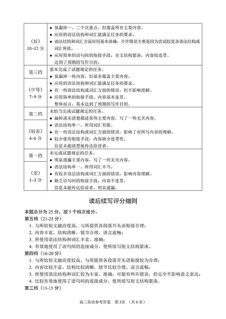 英语试题参考答案及评分标准第3页