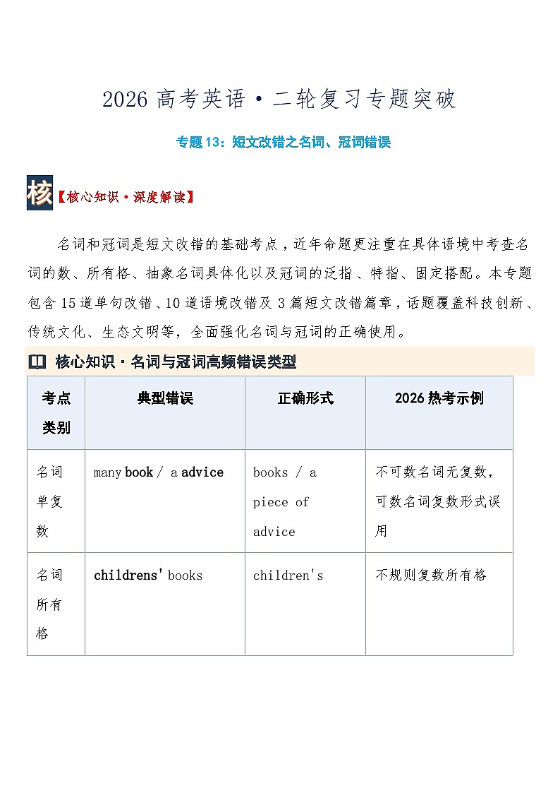 高考英语二轮复习专题突破 +专题13：短文改错之名词、冠词错误+练习 含答案第1页