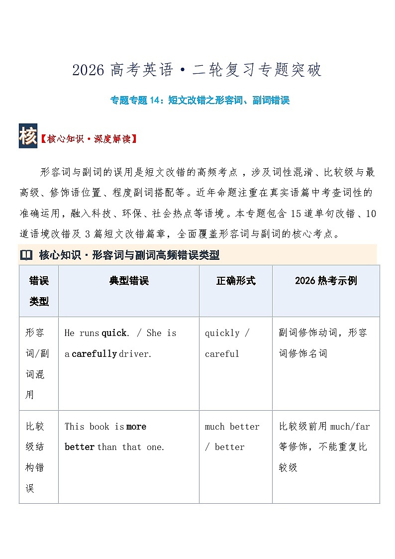 高考英语·二轮复习专题突破  专题14：短文改错之形容词、副词错误 练习+含答案第1页
