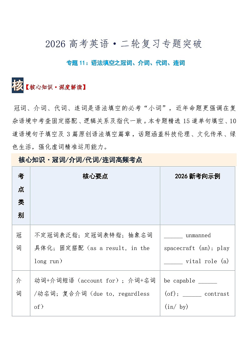 高考英语·二轮复习专题突破 专题11 · 语法填空之冠词、介词、代词、连词 练习+含答案第1页