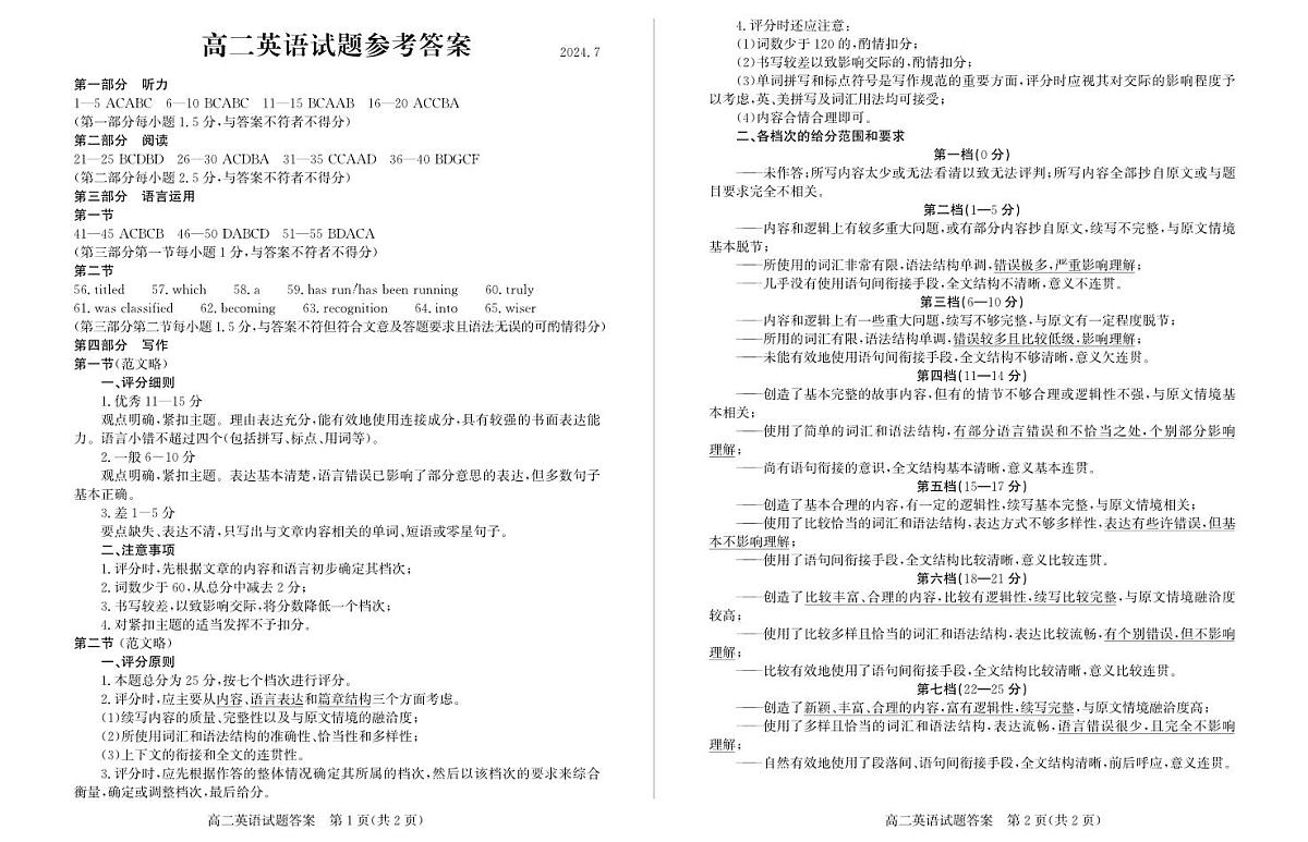 山东省滨州市2023-2024学年高二下学期7月期末教学质量检测英语试题卷答案第1页