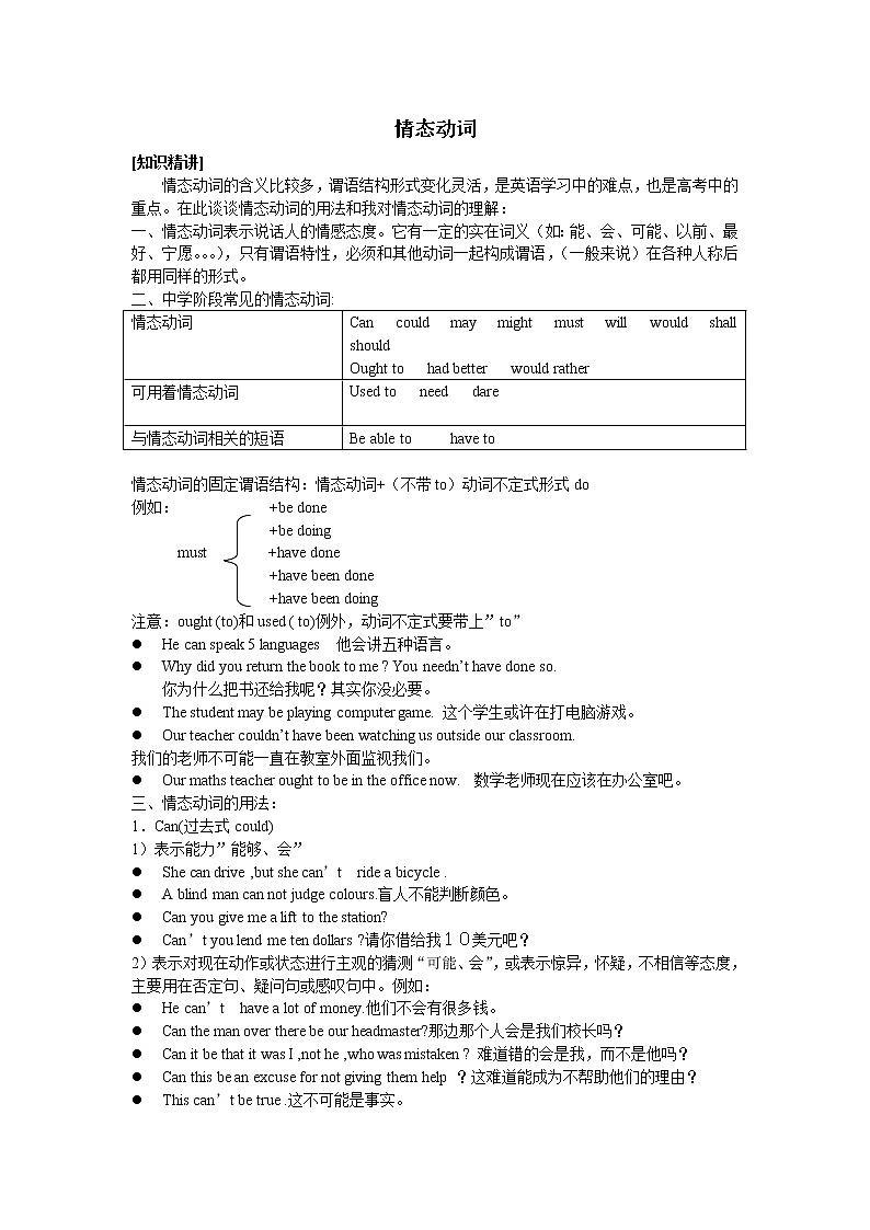 高中英语实用语法第六章 情态动词 教案01