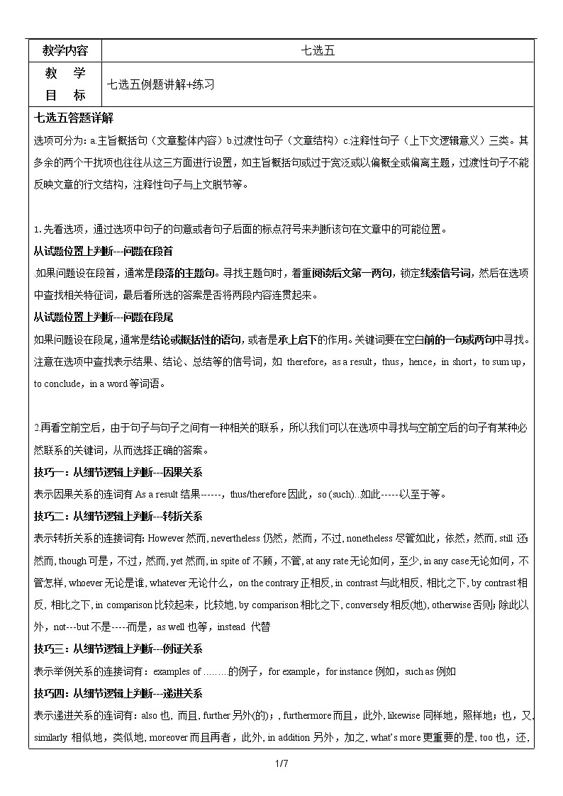 高中英语一轮复习 专题之七选五解题技巧 讲解+练习（无答案）01