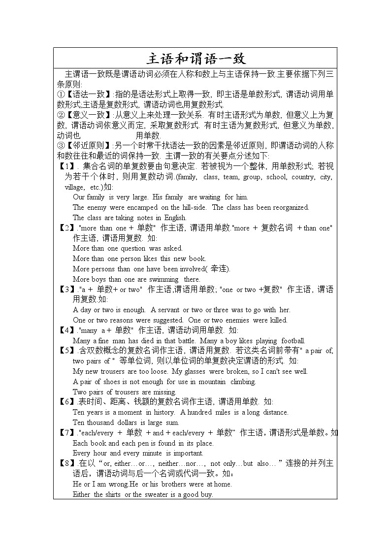 高中英语语法讲解：主谓一致 教案01