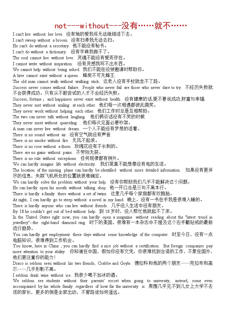 高中英语语法讲解——双重否定句型not---without（例句翔实） 学案01