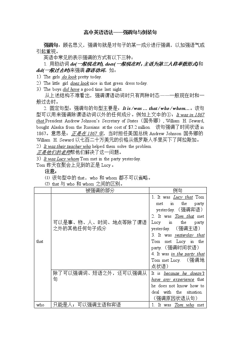 高中英语语法讲义——强调句和倒装句及练习（附答案）01