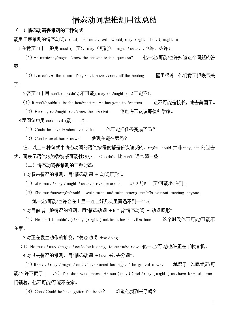 高中英语语法——情态动词表推测用法总结及练习（无答案）01