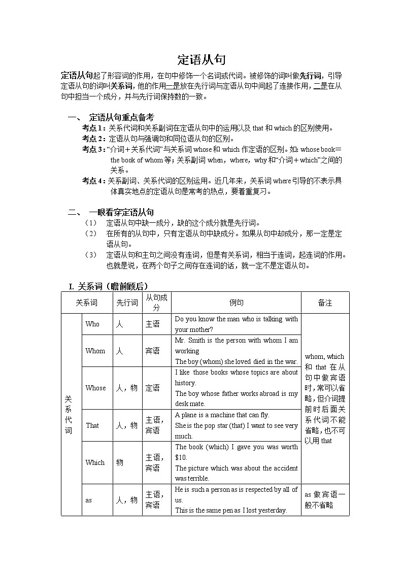 高中英语语法高考定语从句讲解与练习讲义第1页