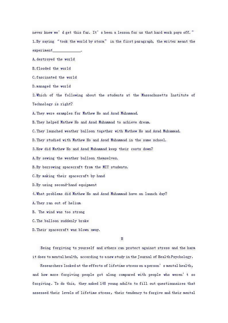 黑龙江省哈尔滨市第六中学2020届高三上学期期中考试英语试题02