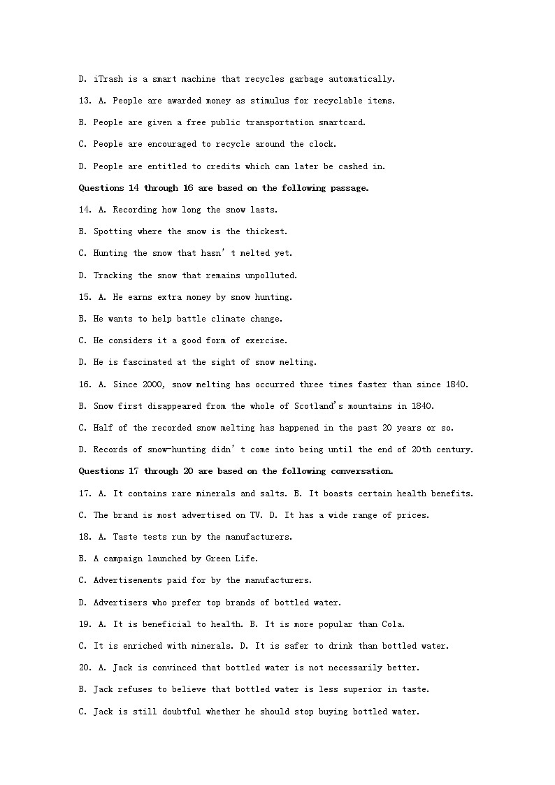 上海市杨浦区2020届高三上学期期中考试英语试题03