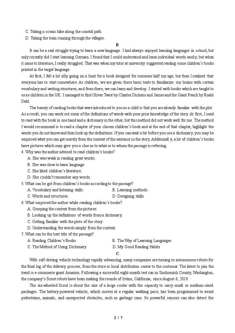 山东师范大学附属中学2020届高三4月份线上模拟英语试题02