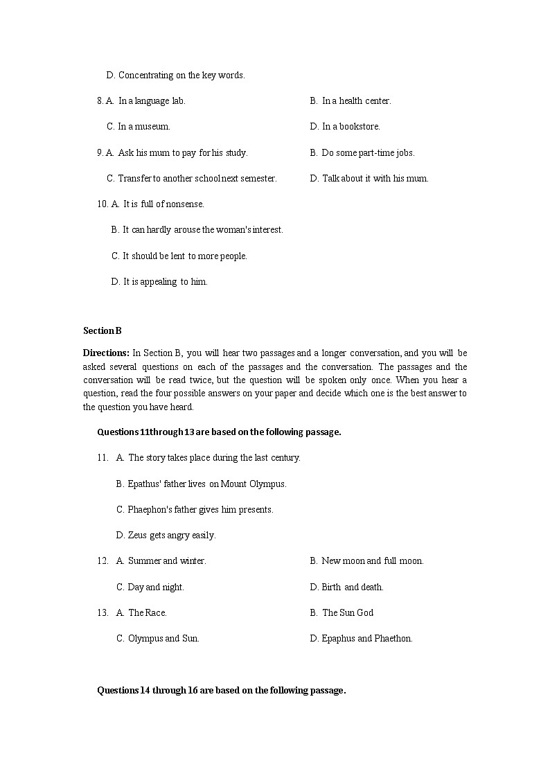 上海市洋泾中学2019-2020年高三下英语4月月考 试卷02