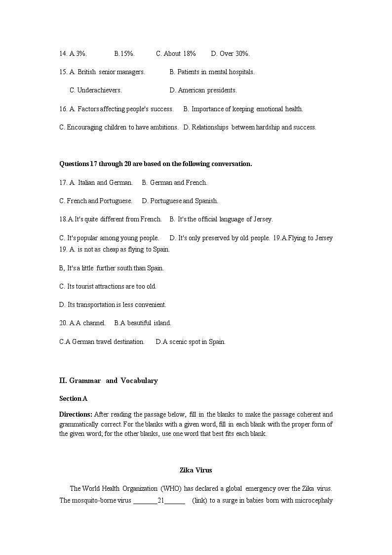 上海市洋泾中学2019-2020年高三下英语4月月考 试卷03