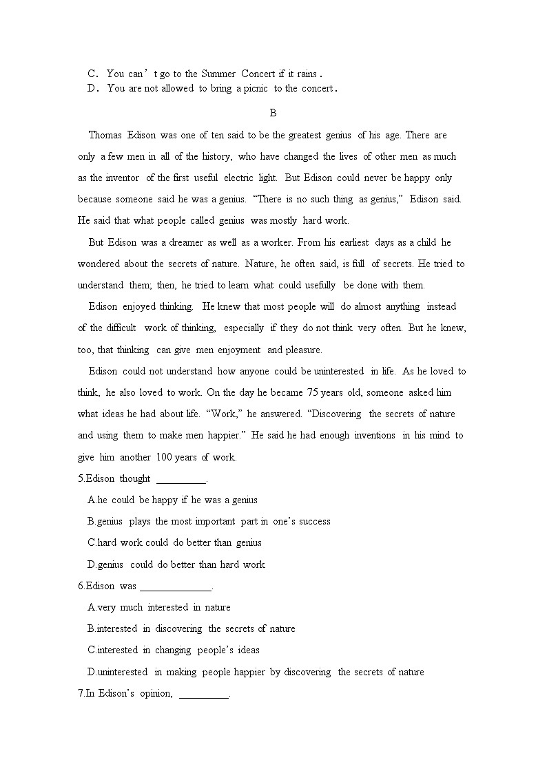 西藏自治区拉萨那曲第二高级中学2020届高三第一次月考英语试卷02