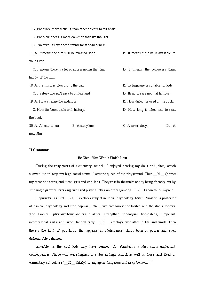 上海市市西中学2020届高三4月（理科班）英语周测（一）03