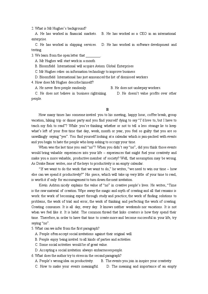 2019届云南省曲靖市高三第二次模拟考试英语试题 Word版含答案第2页