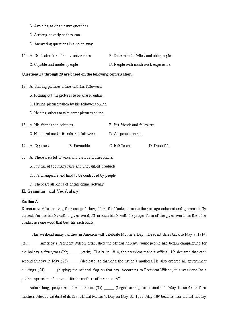 2020届上海市宝山区高三上学期教学质量监测（一模）英语试题03